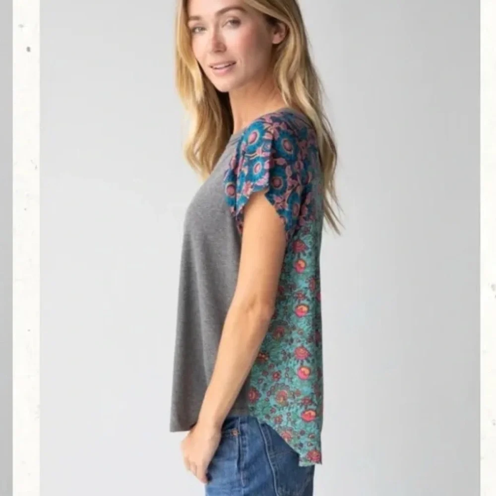 NATURAL LIFE Teal Floral Cap-Sleeve Blouse with Pink & Purple Accents - Picture 3 of 10